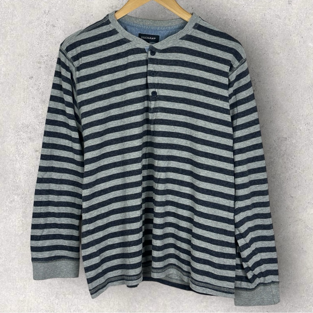 Duchamp London Grey Blue Striped Long Sleeve Henley Shirt Mens Size Large Casual